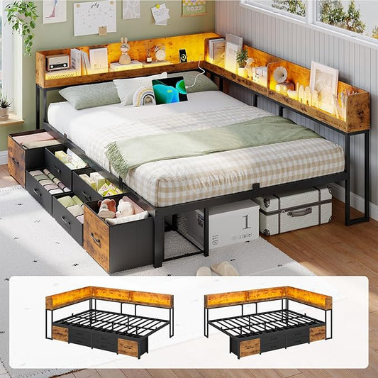 VIAGDO Corner Bed Frame Full with Storage Bookcase and 6 Drawers, Metal Platform Corner Bed Frame with LED Lights and Charging Station, Full Daybed for Kids Teenagers, Rustic Brown & Black