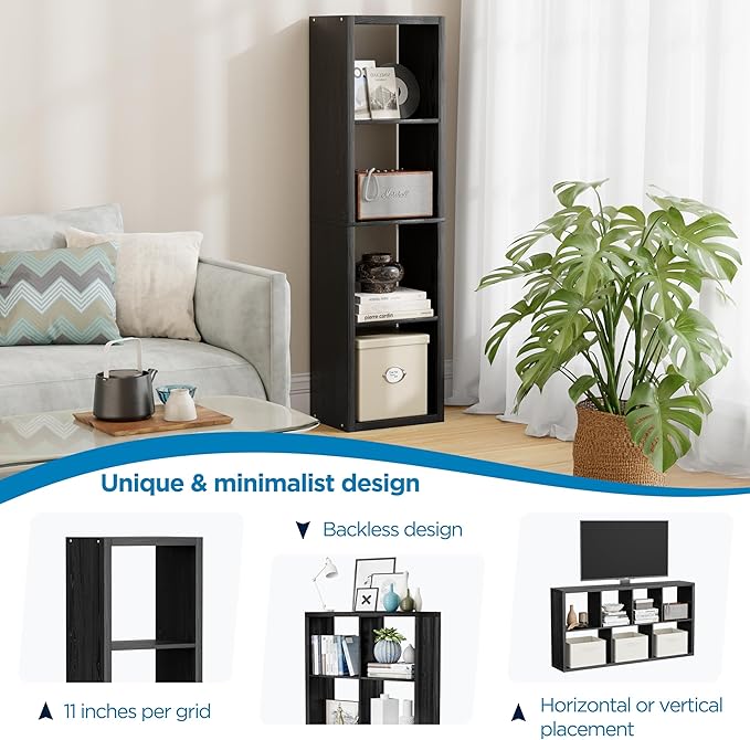 4 Cube Storage Organizer Single Row, Cube Shelf with Heavy-Duty Thick Boards, 13.31" L x 9.37" W x 48.82" H, Smooth Easy-Clean Panels, Simple Assembly, for Living Room Bedroom Office, Black