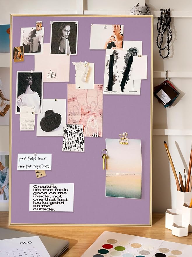 Bulletin Board 30 x 20 inches, Mystic Violet Pin Board, Golden Aluminum Framed Fabric Cork Board with 10 Push Pins