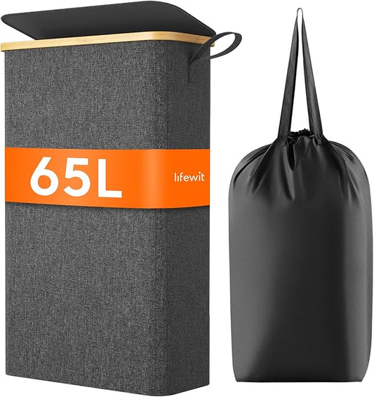 Lifewit 65L Slim Laundry Hamper with Lid, Narrow Laundry Basket with Removable Bag & Bamboo Handles, Fodable Thin Dirty Clothes Hamper for Laundry Collapsible Bin for Bathroom Bedroom Dorm, Dark Gray