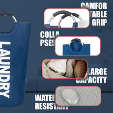 Caroeas 125L Laundry Basket,Large Laundry Hamper, Laundry Bag with Padded Handles, Clothes Hamper Stands Up Well, Collapsible Free Standing Easy Storage Washing Bin (Navy Blue,125L)