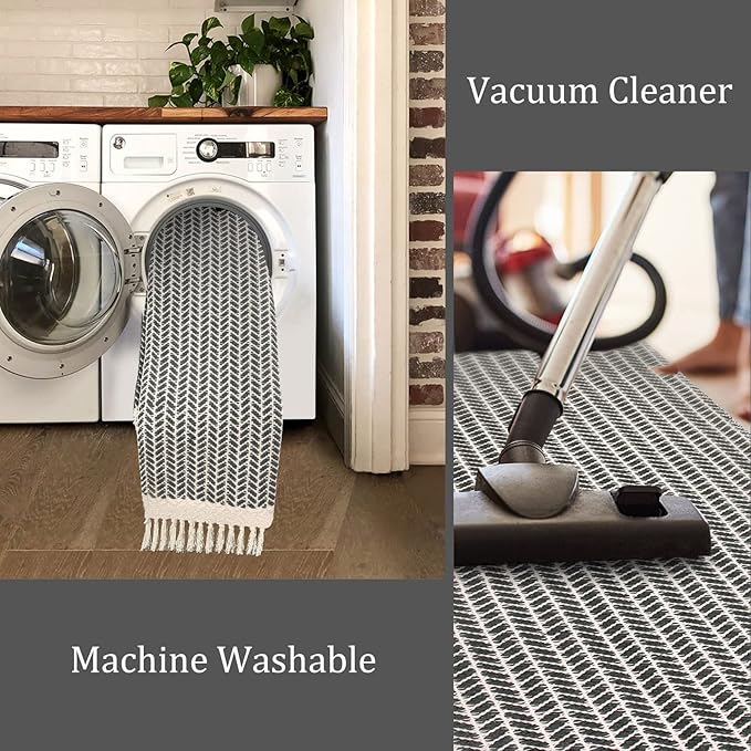 Lahome Boho 2x7 Hallway Runner Rug, Bathroom Runners Lightweight Entry Woven Cotton Black Runner Rug with Tassels, Farmhouse Door Mats Indoor Low Pile Carpet for Laundry Room Decor