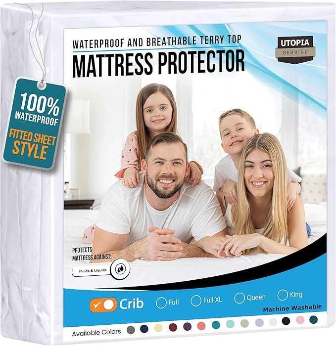 Utopia Bedding Waterproof Mattress Protector Crib Size, Premium 200 GSM Terry Mattress Cover, Soft & Breathable Bed Cover, Fitted Sheet Style with Stretchable Deep Pockets 5" (White)