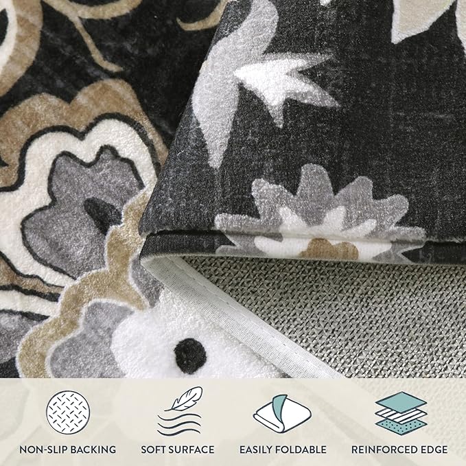 Lahome Floral Black Round Rug - 4Ft Washable Non-Slip Small Round Area Rug Throw Soft Stain Resistant Sofa Living Room Rugs, Paisley Print Accent Distressed Round Carpet for Bedroom Entryway Kitchen