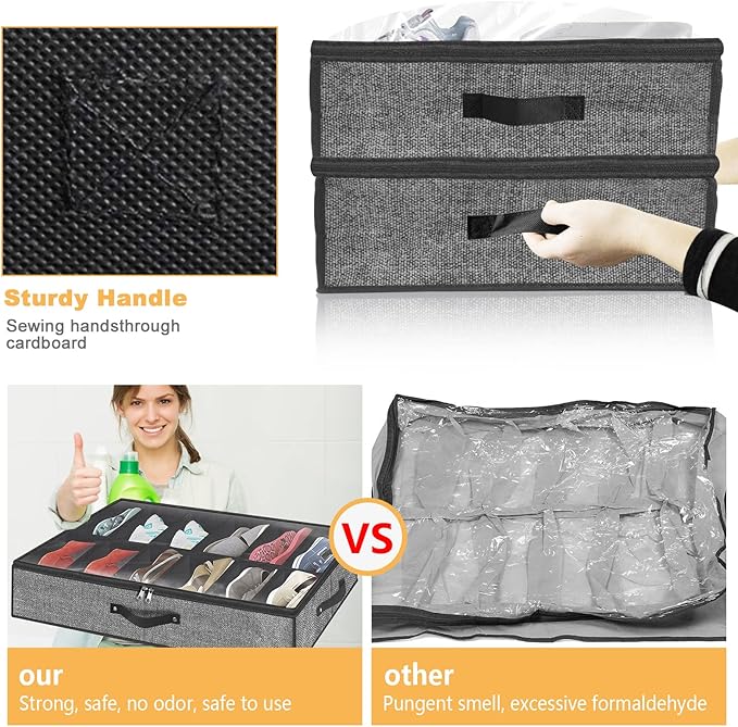 homyfort Under Bed Shoe Storage Organizer Fits 12 Pairs- Underbed Shoe Container Solution Shoes Box Bins with Clear Window for Sneakers,High Heels,Flip Flop(Black)