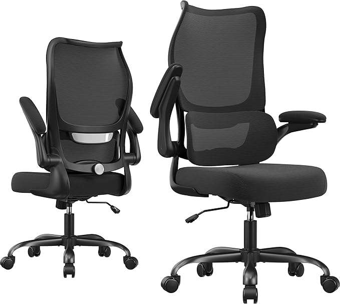 Office Chair Ergonomic Desk Chair - Comfy Mesh High Back Office Chair with Lumbar Support Wheel Home Desk Office Chairs Flip up Armrest Executive Rolling Swivel Task Computer Chair Black Silver