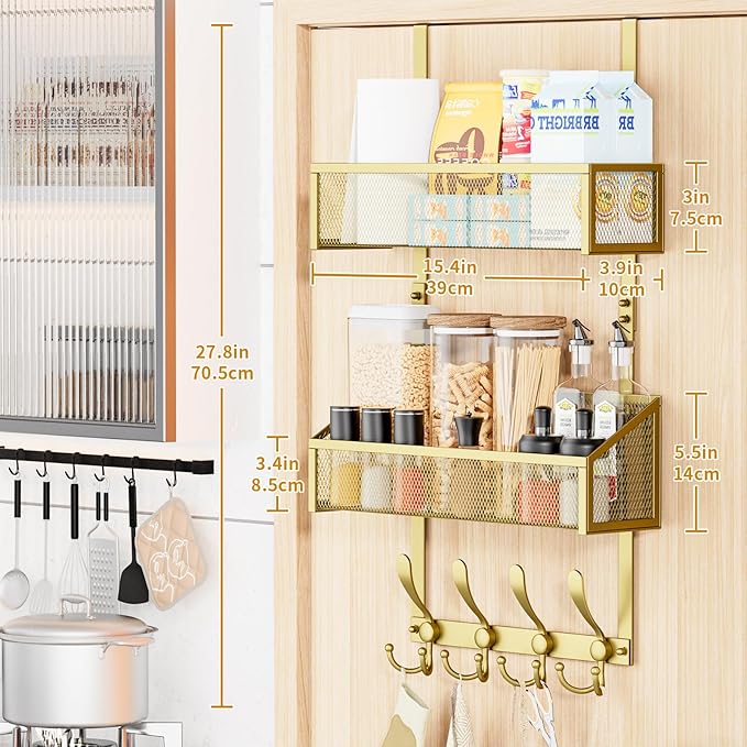 Over The Door Hooks Organizer, Coat Rack Over The Door Storage Hanger Towel Rack, Back of Storage Organizer for Bathroom,Bedroom,Kitchen,Office(Gold 3-Tier)