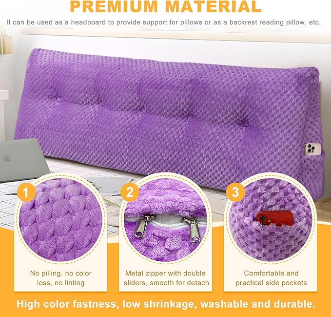 Large Triangular Headboard Wedge Pillow Soft and Supportive Headboard Backrest Positioning Support Bolster Cushion, Bed Wedge Pillow with Removable Cover(Purple,Queen,59x8x20inch)