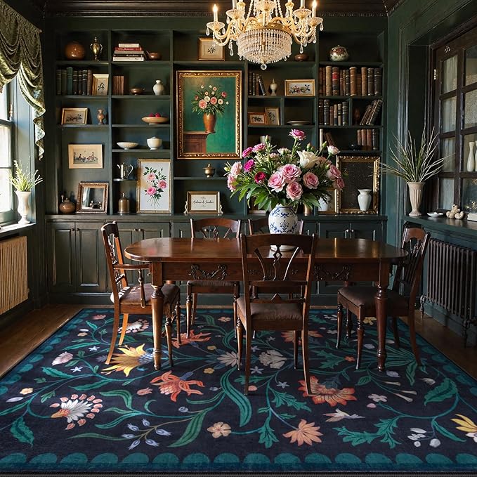 Lahome Boho Floral Washable Dark Blue 9x12 Area Rugs for Living Room, Non Slip Rugs for Bedroom, Indoor Throw Dining Room Carpet for Under Table Home Office Playroom (Dark Blue,9x12ft)