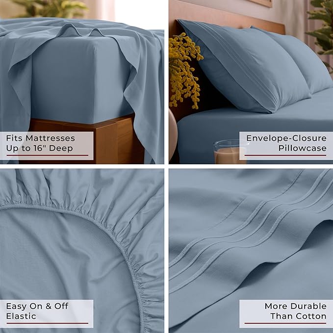 Mellanni California King Sheet Set - 6-Piece Iconic Collection Bedding, (Including 4 Pillowcases), 16-Inch Deep Pocket, Easy Care, Extra Soft, Cooling Sheets, Brushed Microfiber - Blue Hydrangea