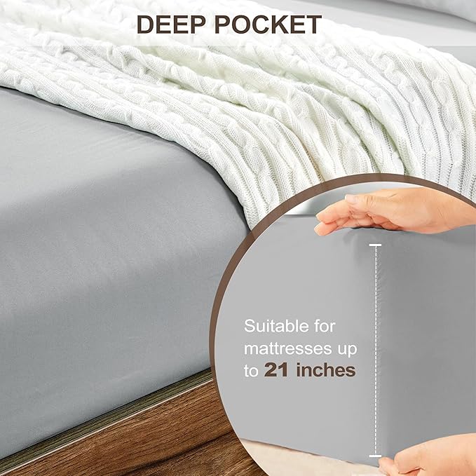 FreshCulture Queen Fitted Sheet Only - Hotel Quality Ultra Soft & Breathable Brushed Microfiber Fitted Sheet with 21 Inch Deep Pockets - Fits Queen Size Bed (Light Grey)
