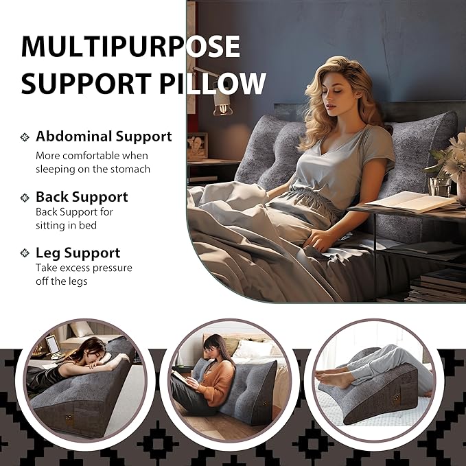 14 lbs Thickened Wedge Pillow Headboard Body Positioner Bed Wedge Pillow Backrest Support Triangular Headboard Pillow for Sleeping with Side Pocket Velvet Positioning Support Light Grey King