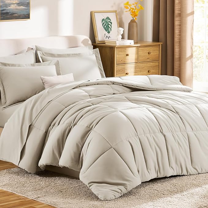 CozyLux Queen Comforter Set Beige - 7 Pieces Bed in a Bag Queen, All Season Breathable Bedding Sets, Oeko-Tex Certified Bed Set with Down Alternative Comforter, Sheets, Pillowcases & Pillow Shams