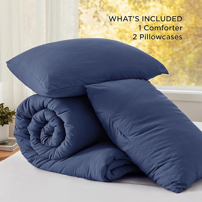 Bedsure Queen Size Comforter Set, Navy Soft Prewashed Bedding for All Seasons, 3 Pieces GentleSoft™ Warm Down Alternative Bed Set, 1 Lightweight Comforter (90"x90") and 2 Pillowcases (20"x26")