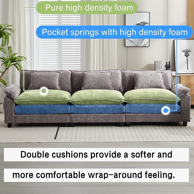 120" Modular Sectional Sofa, Comfy Cloud Couch Sectional Sofa, Chenille Sofa Sleeper Deep Seat Sofa with Throw Pillows for Living Room (Light Gray, 120"- 3 Seater)