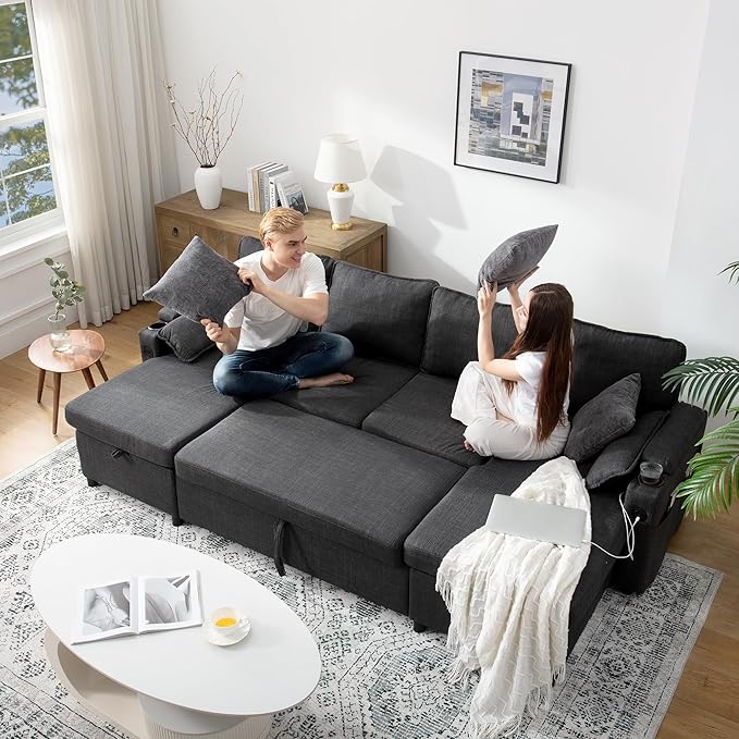 DURASPACE Sofa Bed Sleeper Sofa Pull Out Couch with Double Storage Chaise, Sectional for Living Room, U Shaped Couch with Removable Covers (Dark Gray)