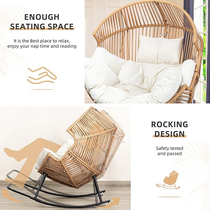 Vongrasig Comfy Wicker Rocking Egg Chair, Soft Thick Cushion Rattan Lounge Chair, High Capacity Steel Frame, Reading Chair for Living Room, Bedroom, Dorm Rooms (Beige)