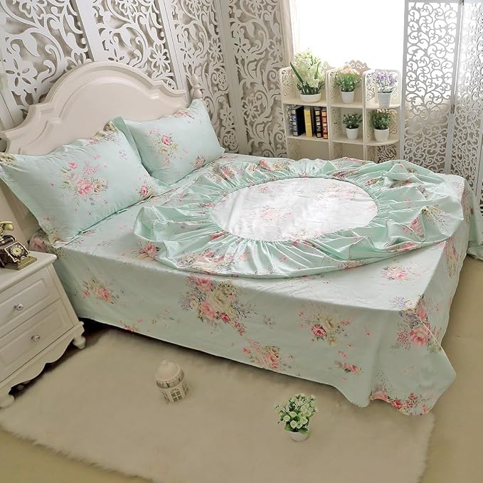 FADFAY Bed Sheet Set Green Floral Cotton Sheets 4-Piece Twin Size