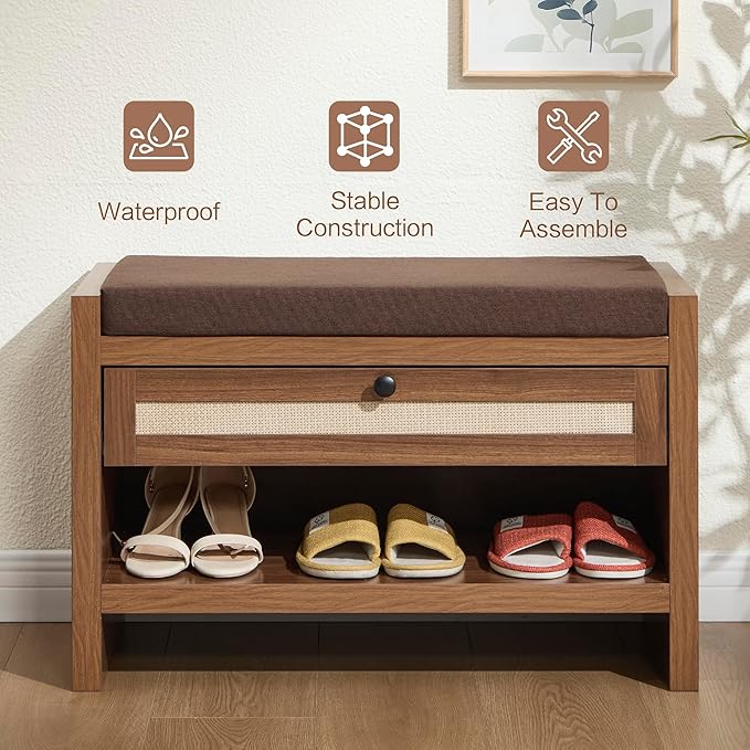 Rattan Shoe Bench Entryway Bench with Storage Drawer and Linen Seat Cushion, Farmhouse Boho Shoe Rack Bench, Wooden Storage Bench for Entryway Hallway and Bedroom - Oak