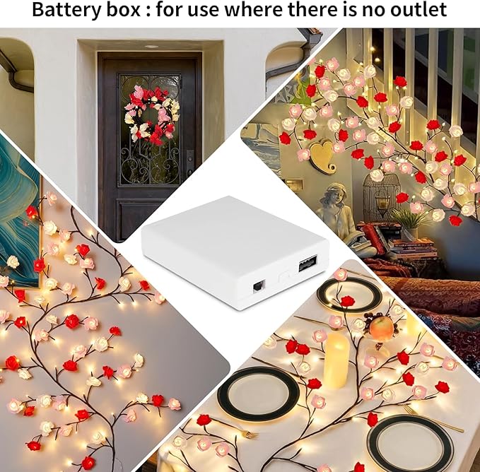 Rose Blossom Enchanted Willow Vine Lights, 7.55FT 144LED 3 Color Rose Blossom Tree Branch Lights for Wall, Remote Timer,8 Light Model,Bedroom Wall Doors Wedding, Christmas, USB Battery Box