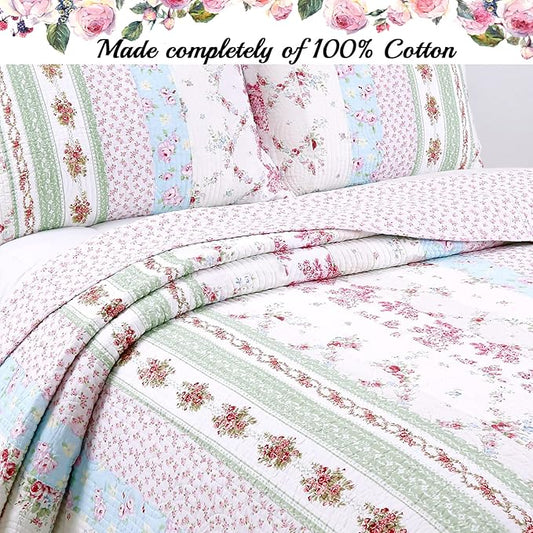 Cozy Line Home Fashions 100% Cotton Real Patchwork Pink Floral Cottage Shabby Chic Reversible Quilt Bedding Set, Bedspread, Coverlet (Wild Rose, Twin - 2 Piece)