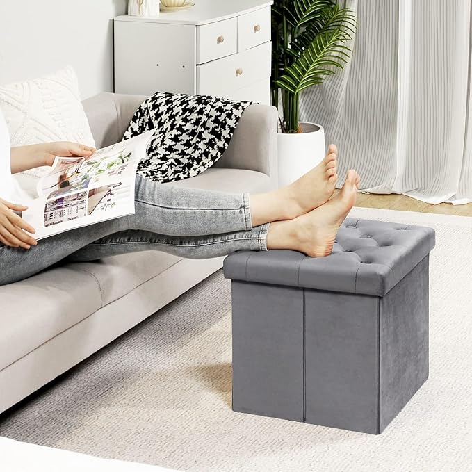 B FSOBEIIALEO Storage Ottoman Cube, Velvet Tufted Folding Ottomans with Lid, Footstool Rest Padded Seat for Bedroom (Grey, Medium)