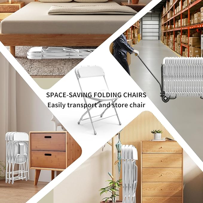 SHGJ&SOFT Set of 12 Folding Chairs, Plastic Seat and Backrest, White Metal Frame Chair, Suitable for Indoor and Outdoor,Capacity 350 lbs (White, 12-Pack)