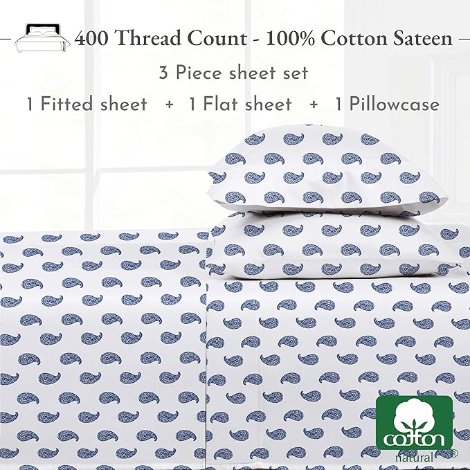 California Design Den Deep Pocket Twin Sheets Set - 400 Thread Count Sateen, Natural 100% Cotton Sheets, and Durable Bedding Set - Paisley Blue CaliforniaDesignDen
