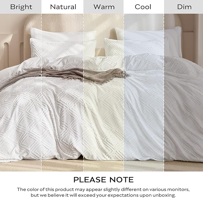 JELLYMONI Duvet Cover Full Size Bright White - 3PCS Boho Duvet Cover Set Plaid Polyester Tufted Bohemian Jacquard Knit Textured Comforter Cover 80×90in Rhombic Geometric Pattern Corner Ties & Zipper