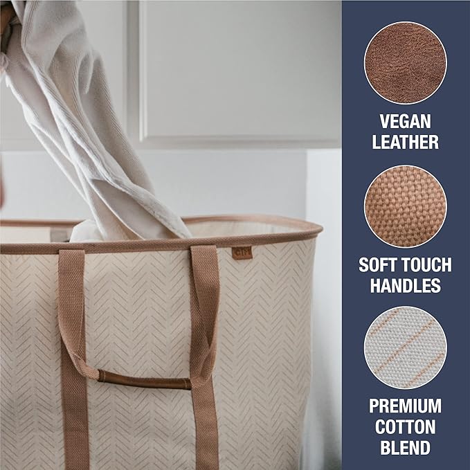 CleverMade Collapsible Laundry Tote - LUXE Cream Herringbone 2Pack 50L -Foldable Storage Organization Container Clothes Laundry Room Storage Solution