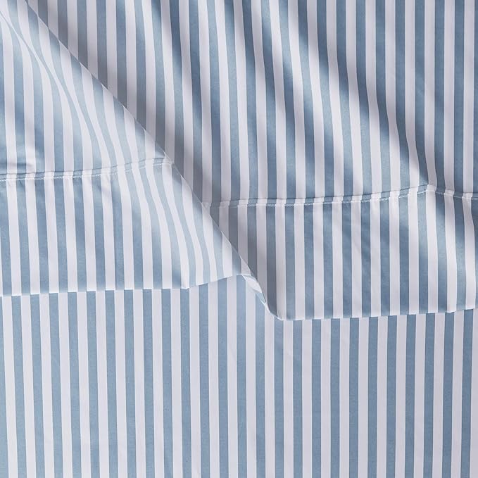 Amazon Basics Lightweight Super Soft Easy Care Microfiber 4 Piece Bed Sheet Set With 14-inch Deep Pockets - Queen, Dusty Blue Pinstripe,Printed AmazonBasics