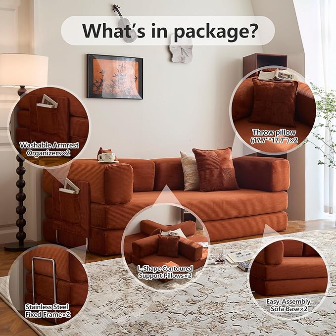 98.4" Convertible Sofa Bed - Compression Sofa with Corduroy Fabric - with Armrests and Backrest - Modular Sectional for Living Room, Bedroom, Studio - Compression Sofa in Box (Orange)