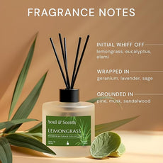 Soul & Scents Reed Diffuser Set – Lemongrass | 7.43 oz Refillable Scented Oil with 6 Fiber Sticks | Long-Lasting Home Fragrance & Air Freshener for Bedroom, Bathroom, Office | Gift & Décor Piece