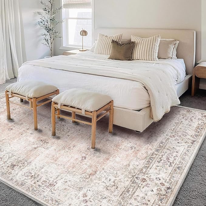 Area Rug 6'x9' Washable Vintage Traditional Floor Cover Thin Retro Kitchen Indoor Distressed Non Slip Carpet for Living Room Bedroom Dining Room