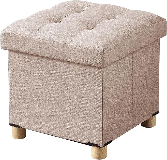 BRIAN & DANY Ottoman with Storage, Small Storage Ottoman for Dorm, Linen Folding Ottoman Foot Stool with Legs for Living Room and Bedroom, 15"x15"x15" - Beige