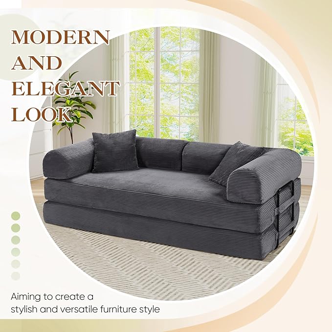 Antetek Convertible Futon Sofa Bed, 3-Seater Modern Corduroy Foam Floor King Size Bed Fold Out Sleeper Lounge Loveseat Sofa Couch with 2 Throw Pillows for Living Room Bedroom Guest Room, Light Grey