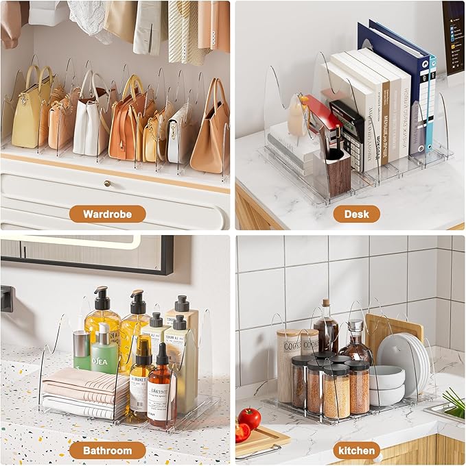 Bag & Purse Organizer for Closet, 2 Pack Adjustable Clear Handbag Storage Holder, Acrylic Shelf Dividers for Closet Organizers and Storage - Keep Carteras & Pocketbook Upright