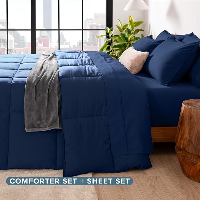Bare Home Bed-in-A-Bag 5 Piece Comforter & Sheet Set - Twin - Goose Down Alternative - Ultra-Soft 1800 Premium Bed Set (Twin, Dark Blue/Dark Blue)