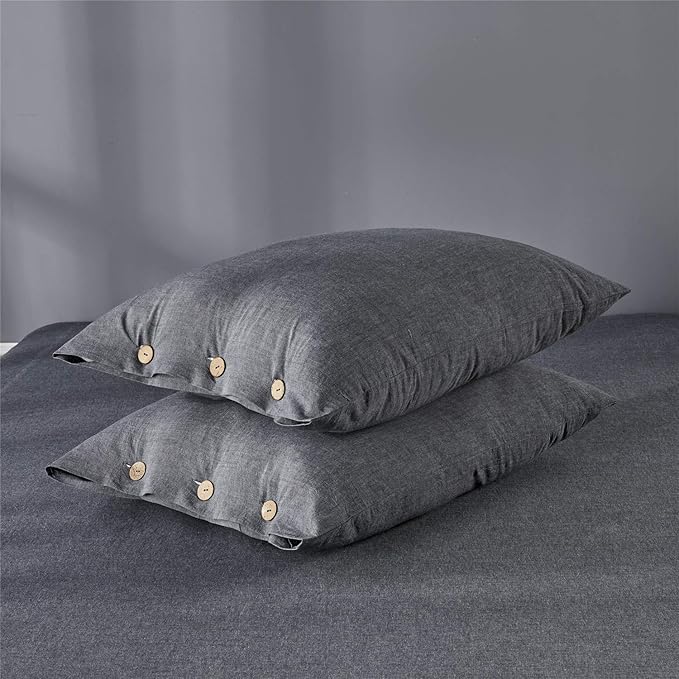 JELLYMONI Cotton Duvet Cover King Size - Black Comforter Cover with Button 100% Washed Cotton 3PCS Breathable Soft Solid Bedding Set Duvet Cover 104×90in & 2 Pillowcases (NO Comforter)