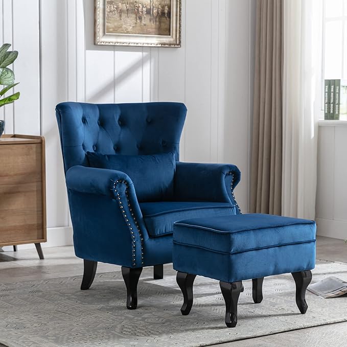 Mid-Century Accent Chair with Ottoman Modern Button Tufted Armchair Wingback Club Chair Velvet Single Sofa Lounge Chair with Pillow for Living Room Bedroom, Blue