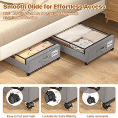 Under Bed Storage with Wheels,XXL 60L Under Bed Storage Containers with Clear Lids, Rolling Under Bed Metal Drawer for Clothes, Shoes,Toys(Gray, 2 Pack)