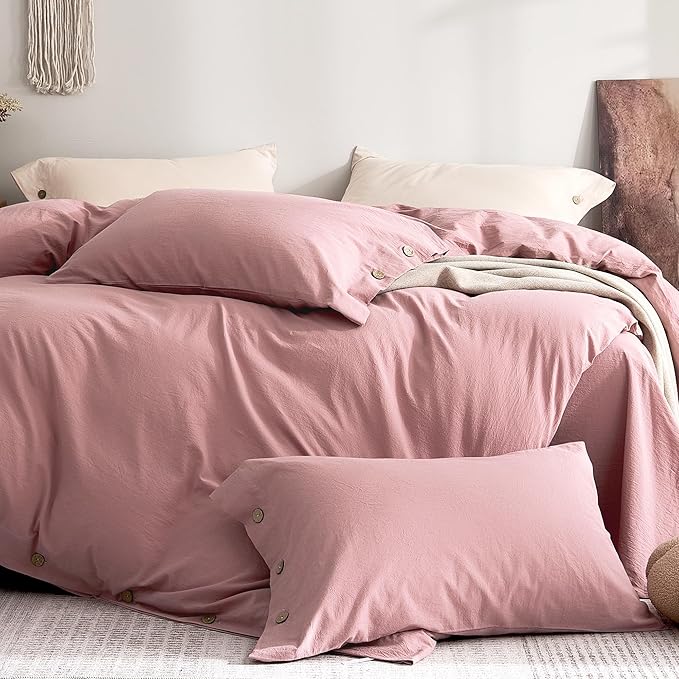 JELLYMONI 100% Washed Cotton Standard Pillowcases Set, 2 Pack Linen-Like Texture Breathable Pillow Covers with Button Closure,Darker Rose Standard 20"×26"(Pillows are not Included)