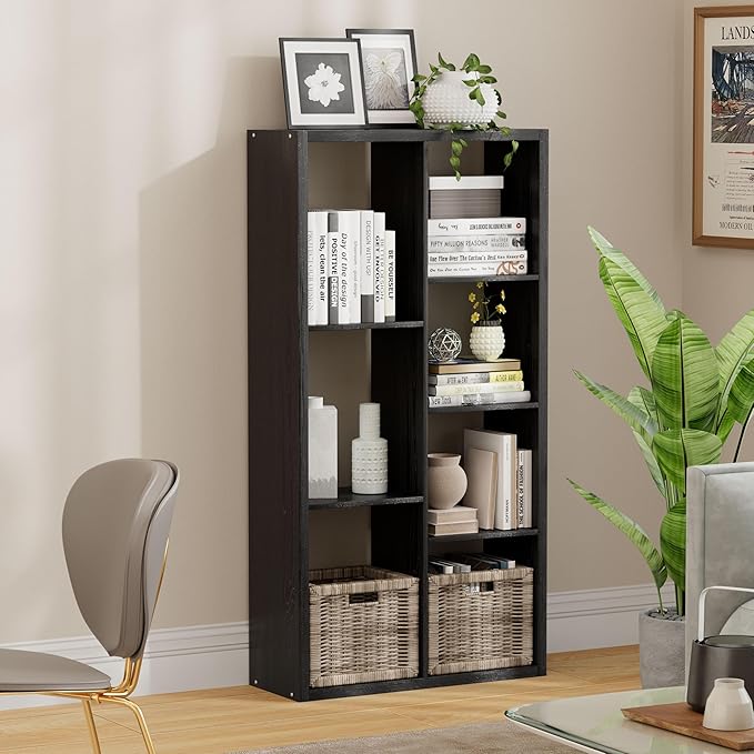 7 Cube Storage Organizer, Cube Shelf with Heavy-Duty Thick Boards, 25.12" L x 9.37" W x 48.74" H, Smooth Easy-Clean Panels, Simple Assembly, for Living Room Bedroom Office, Black