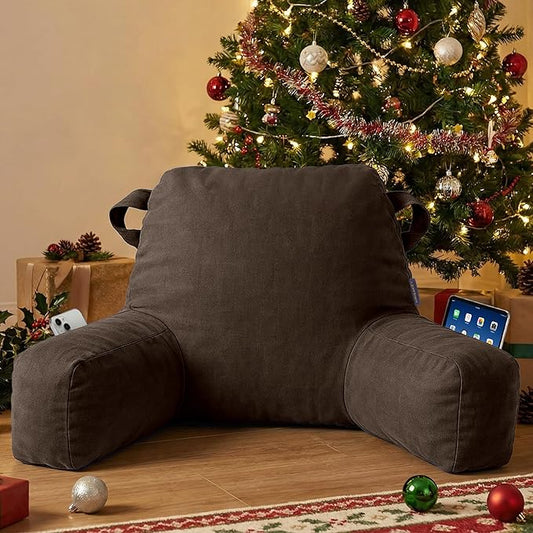Portable Comfy Reading Pillows for Bed Sitting Up(Brown Oeko-Tex), Velvet Back Pillow with Arms & Pockets for Adults, Support Memory Foam Bed Pillow for Dorm/Reading/Watching/Gaming