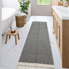 Lahome Boho 2x7 Hallway Runner Rug, Bathroom Runners Lightweight Entry Woven Cotton Black Runner Rug with Tassels, Farmhouse Door Mats Indoor Low Pile Carpet for Laundry Room Decor