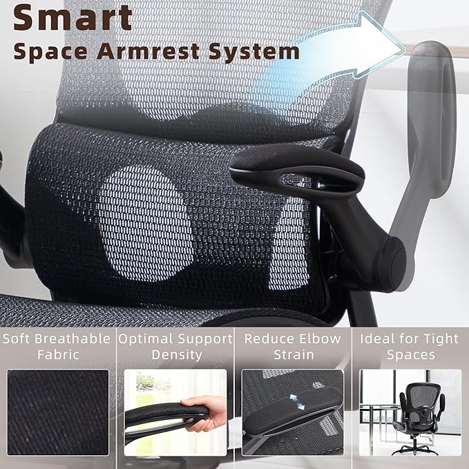 Office Chair, Ergonomic Desk Chair with Adjustable High Back 2D Lumbar Support Flip-up Armrests, Executive Breathable Mesh Comfy Swivel Rolling Computer Task Chair for Home Office Study Work Gaming