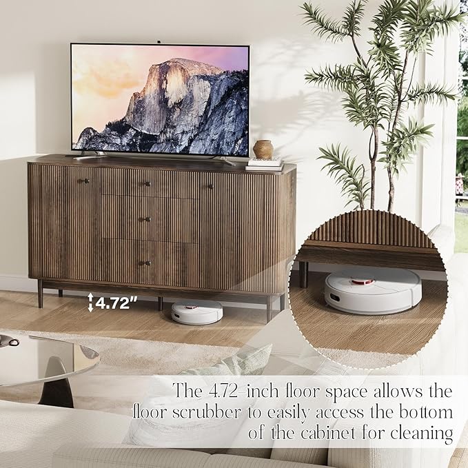 59" Sideboard Buffet Cabinet with Storage, Modern Fluted Accent Credenza with Charging Station, Wood Mid Century Buffet Table Coffee Bar Console Table with 3 Drawers & 2 Doors for Kitchen, Entryway