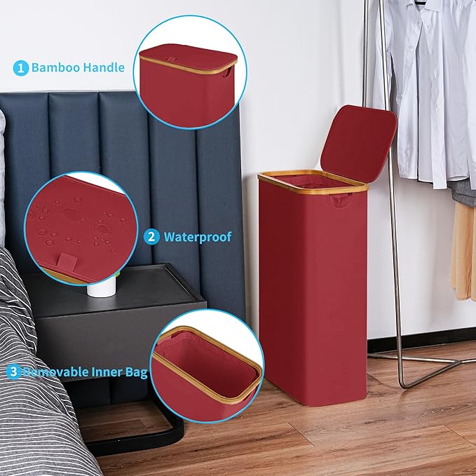 efluky Slim Laundry Basket with Lid, Narrow Laundry Hamper with Removable Bag, Skinny Dirty Clothes Basket with Bamboo Handles for Bathroom, Bedroom & Laundry Room, 75L Burgundy