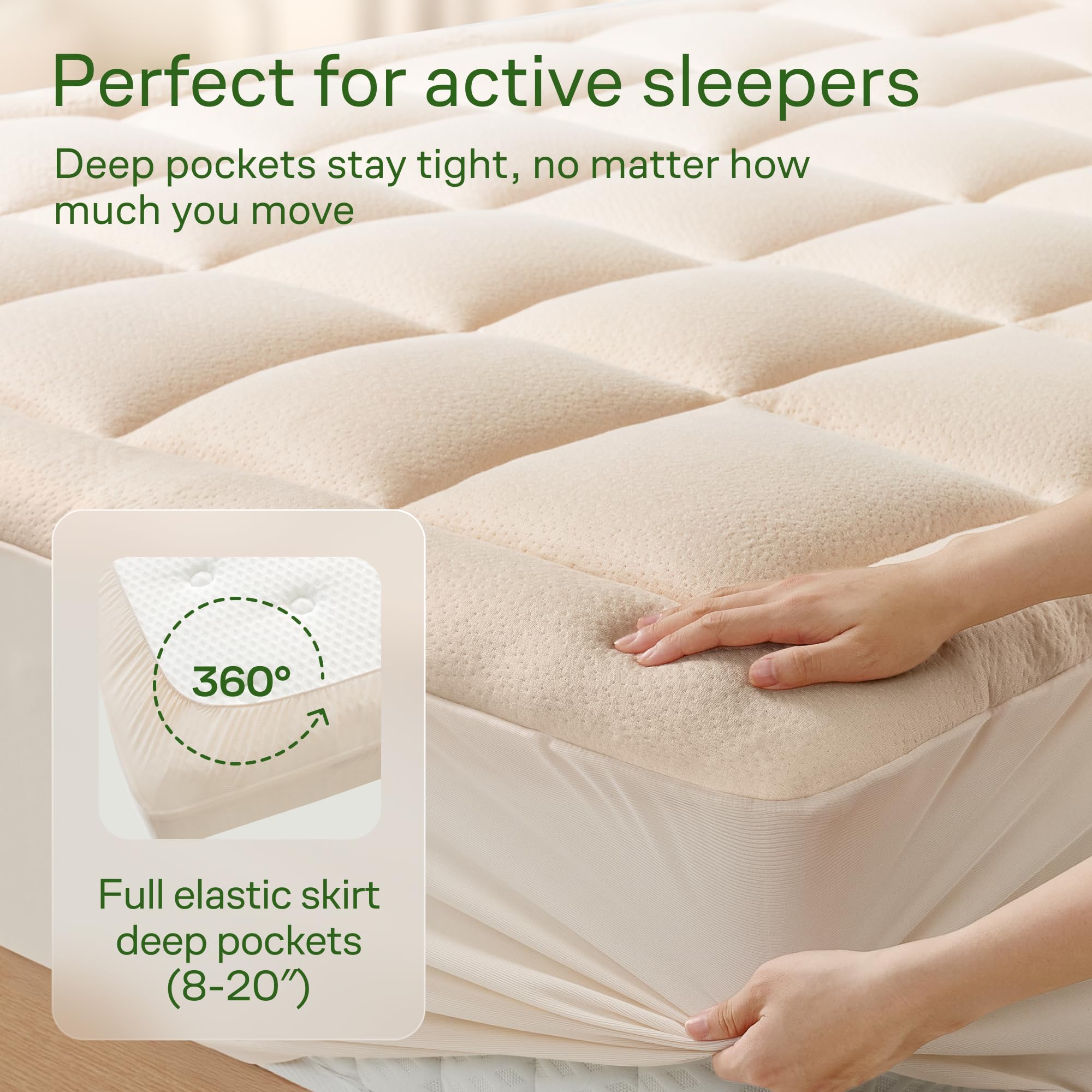 Ultra Soft Queen Size Mattress Topper - Viscose Made from Bamboo Pillow Top Mattress Pad for Back Pain Relief - Naturally Cooling for Hot Sleepers, Green