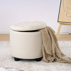 Furniliving Modern Round Storage Ottoman,Button Tufted Ottoman Foot Stools Ottoman Footstool with Removable Lid Storage Ottoman for Living Room, Bedroom, Makeup Room，Beige